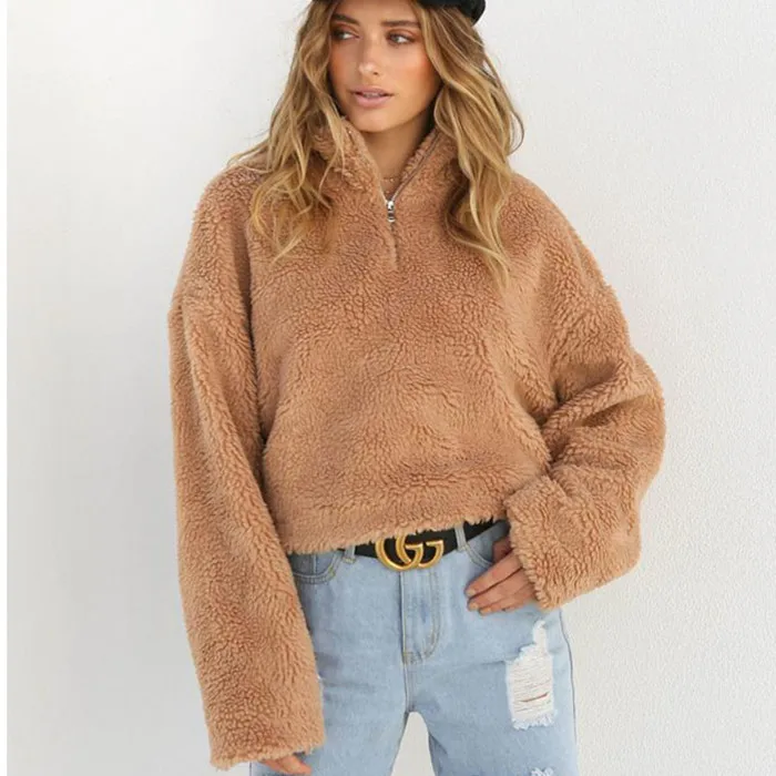 

Goocheer Autumn Winter New Women Fluffy Crop Turtleneck Pullover Knitted Plush Warm Zip up Loose Sweater Jumper Knitwear Top