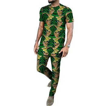 

Dashiki men print short sleeve shirt with trouser Ankara fashion pant sets custom made African party/wedding man groom suit