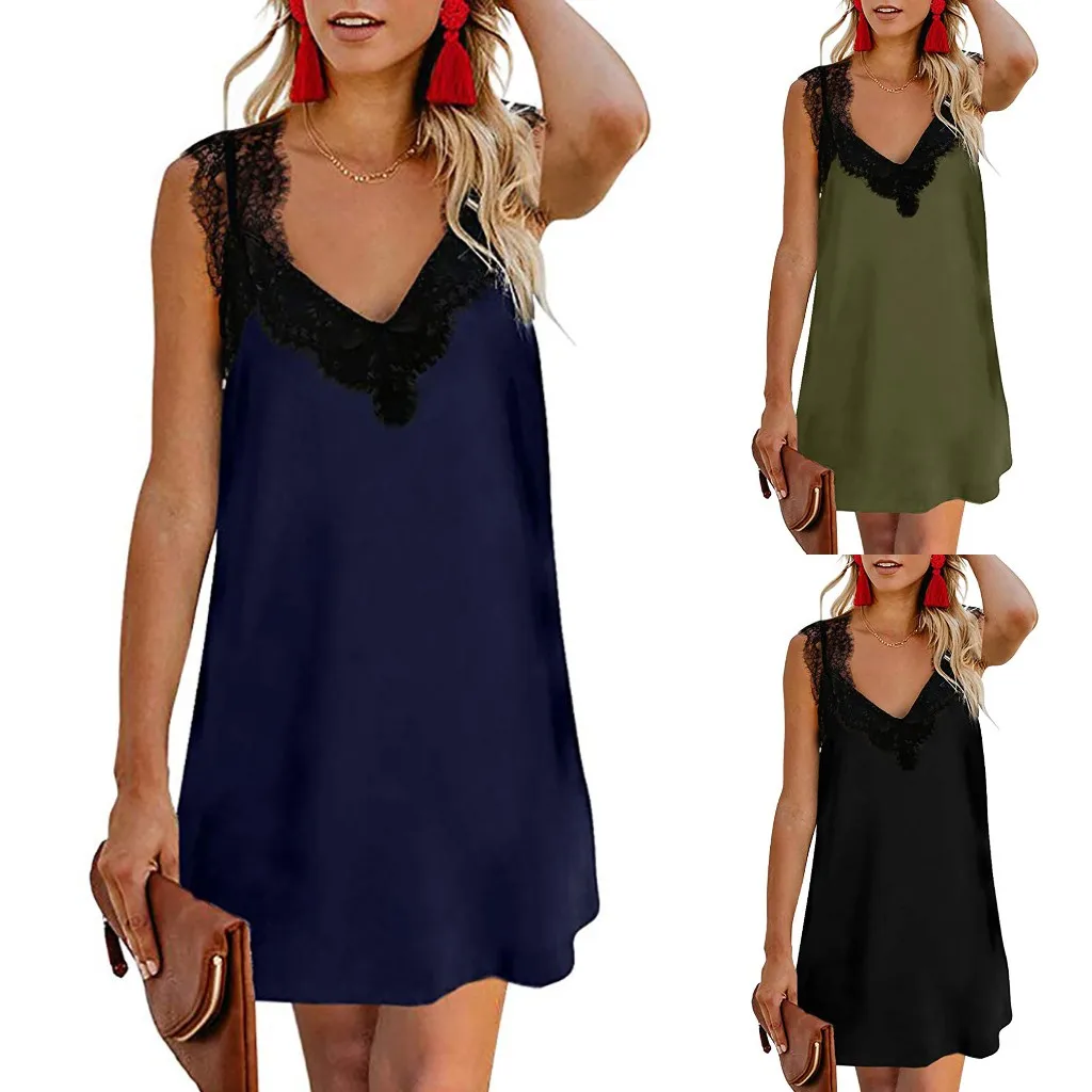 Women Dress  Lace splice V Neck Sleeveless Casual Mini Dress Sexy  Dress Party Dress Mini Dress 2020 New платье женское