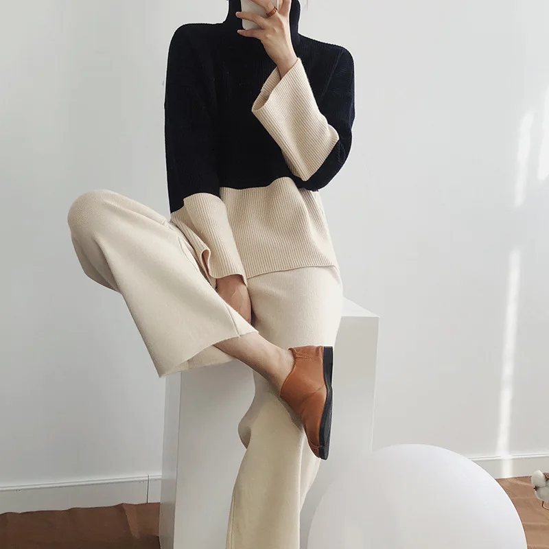 

Autumn winter new women's two-piece high collar color matching sweater knit wide leg pants suit casual wild Loose women's sweate
