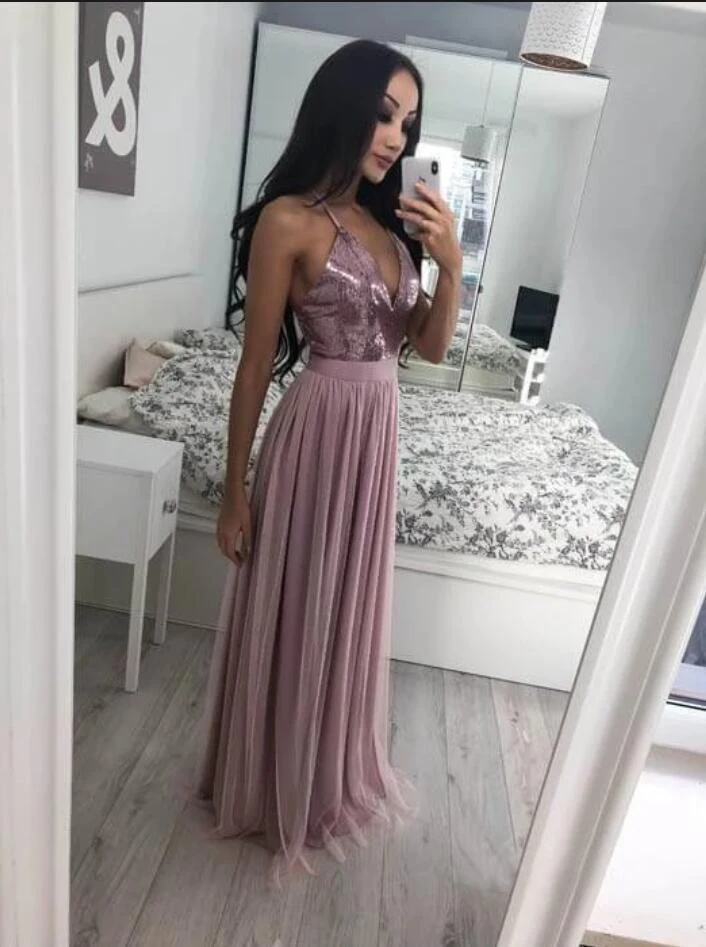 Spaghetti Straps Lace Sequins Tops Women Evening Dress A-line Floor Length Party Gown robe de soiree