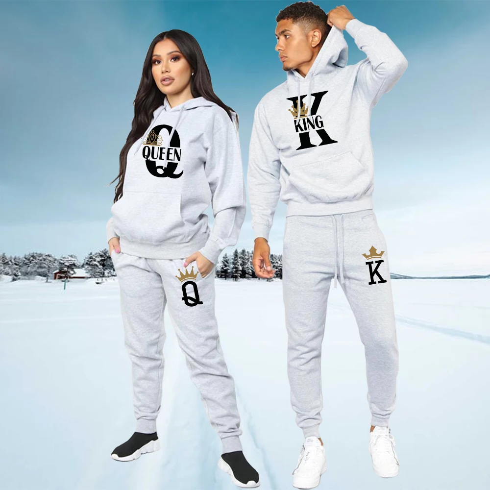 2022 Fashion Lover Couple Sportwear Set KING QUEEN Printed Hooded Clothes 2PCS Set Hoodie and Pants Plus Size Hoodies Women