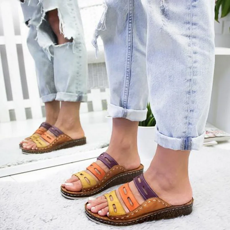 HEFLASHOR Летние женские босоножки 3 цвета шить сандалии женские туфли на высоком каблуке с открытым носком; повседневные туфли-танкетки на платформе шлепанцы пляжная обувь - Цвет: Brown A