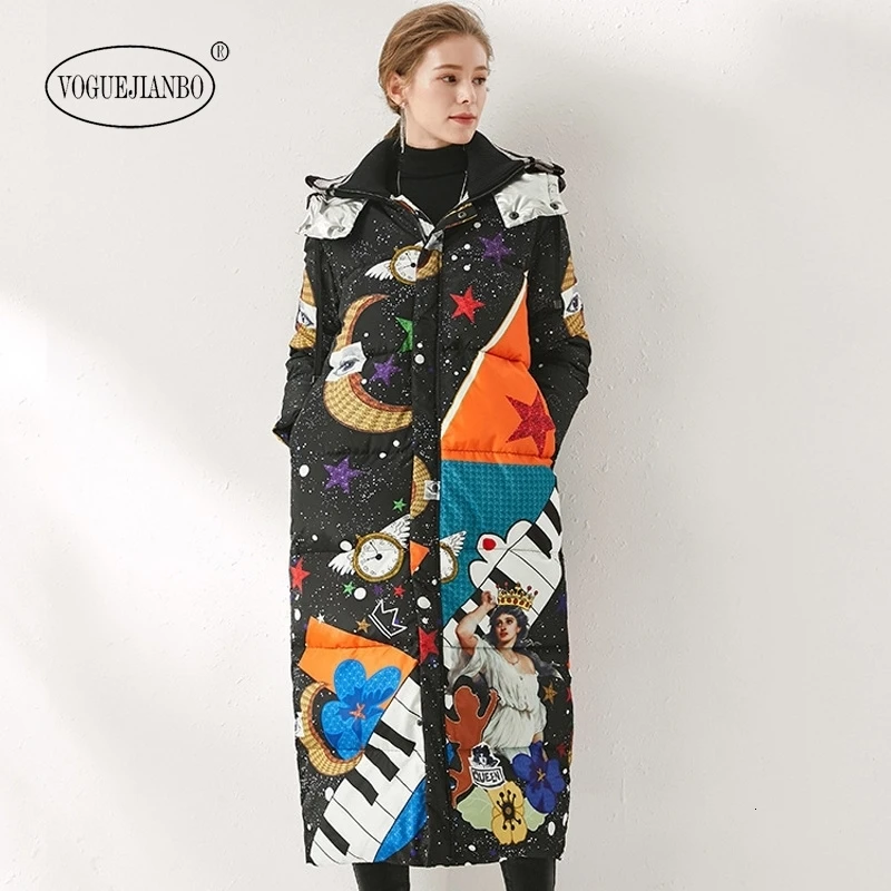 winter new print down jacket hooded thick warm star print long down jacket white duck down coat woman clothes ladies tops