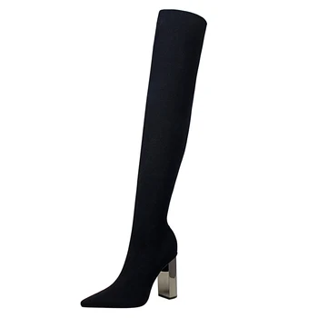 

2020 Fashion Paris Women Boots Leather Over-The-Knee Western Boots Pointed Toe Long Women Boots Metal High Heels Winter Gothic