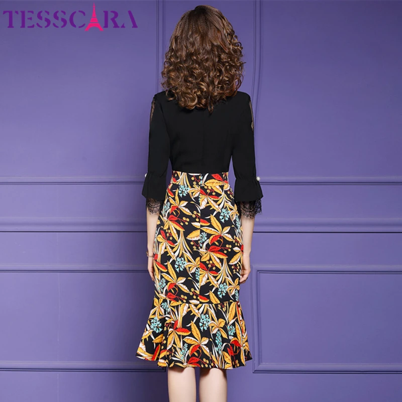 TESSCARA, женское осеннее элегантное платье с принтом, праздничное, женское, офисное, коктейльное, вечерние, халат, высокое качество, Винтажный дизайн, Русалка, Vestidos