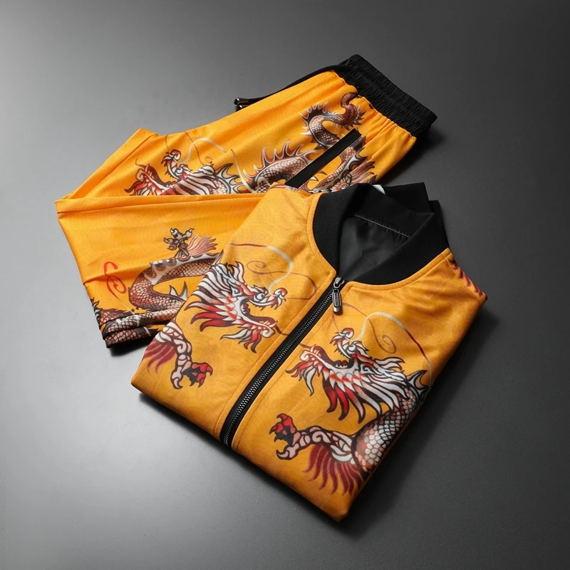 Роскошная Осенняя толстовка с золотым Драконом для мужчин Conjunto Deportivo Hombre Ensemble Homme дизайнерская модная мужская одежда(куртка+ штаны) 5xl