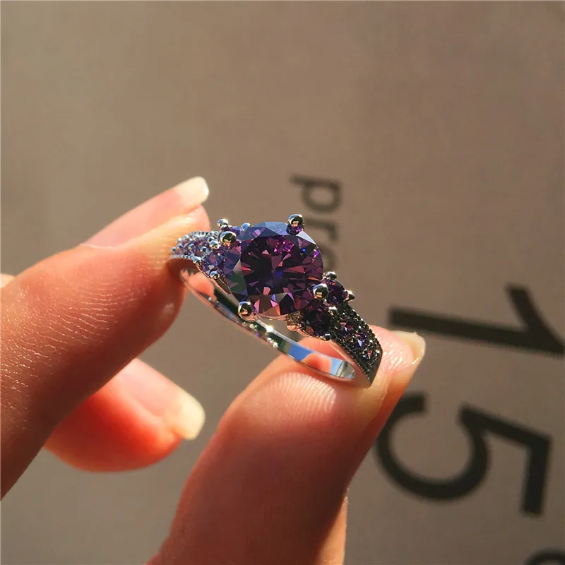 Elegant Female Big Purple Stone Ring Cute 925 Sterling Silver Finger Ring Wedding Band Promise Engagement Rings For Women