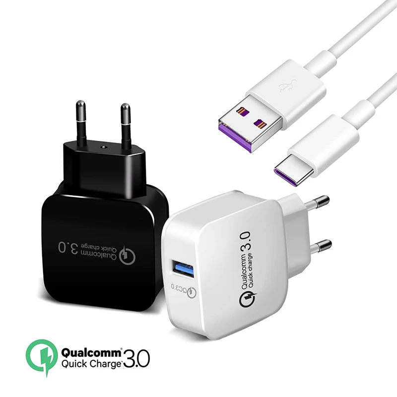 Зарядное устройство QC3.0 Quick Charge 3 0 EU/US Plug Wall 18 Вт USB адаптер питания Type C USBC кабель