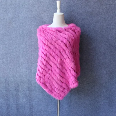 Шарф-накидка из кроличьей шерсти, шарф-пончо, Женский треугольный нагрудник, кожаный шарф ручной вязки из меха с треугольной головкой, натуральный вязаный эластичный - Цвет: Розово-красный