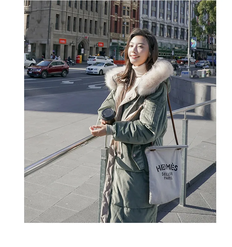 2019chic2018, корейский стиль, Зеленое Длинное пуховое пальто выше колена с лентами, с капюшоном, большой меховой воротник, бархатная хлопковая стеганая одежда для женщин