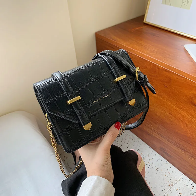 

Casual Stone Pattern Crossbody Bag Women Alligator Chains Shoulder Messenger Bags Ladies Small PU Flap Purse Square Bag Ladies