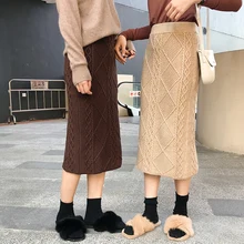 Женские вязаные юбки, Осень-зима, теплые длинные женские юбки, эластичная талия, хип-хоп посылка, юбки для женщин
