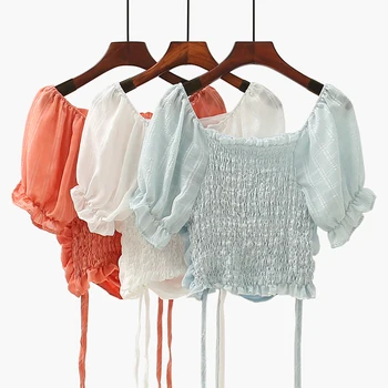 

short puff sleeved chiffon women blouse 2020 summer new square collar pleated drawstring high waist sexy female pulls tops
