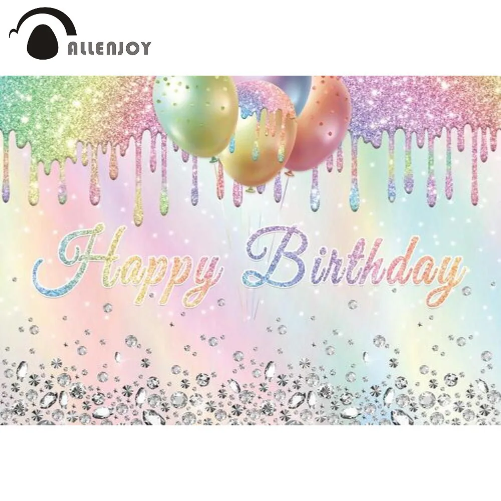 

Allenjoy Happy Birthday Party Baby Shower Backdrop Colourful Dots Diamond Rainbow Glitter Balloons Graffiti Photozone Background
