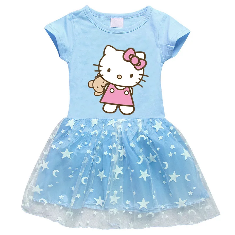 thumbnail image 1 of Ropa para niños de Hello Kitty, falda de princesa a la moda de algodón puro, vestido plisado de manga corta con estampado de dibujos animados para niñas, 1 of 5