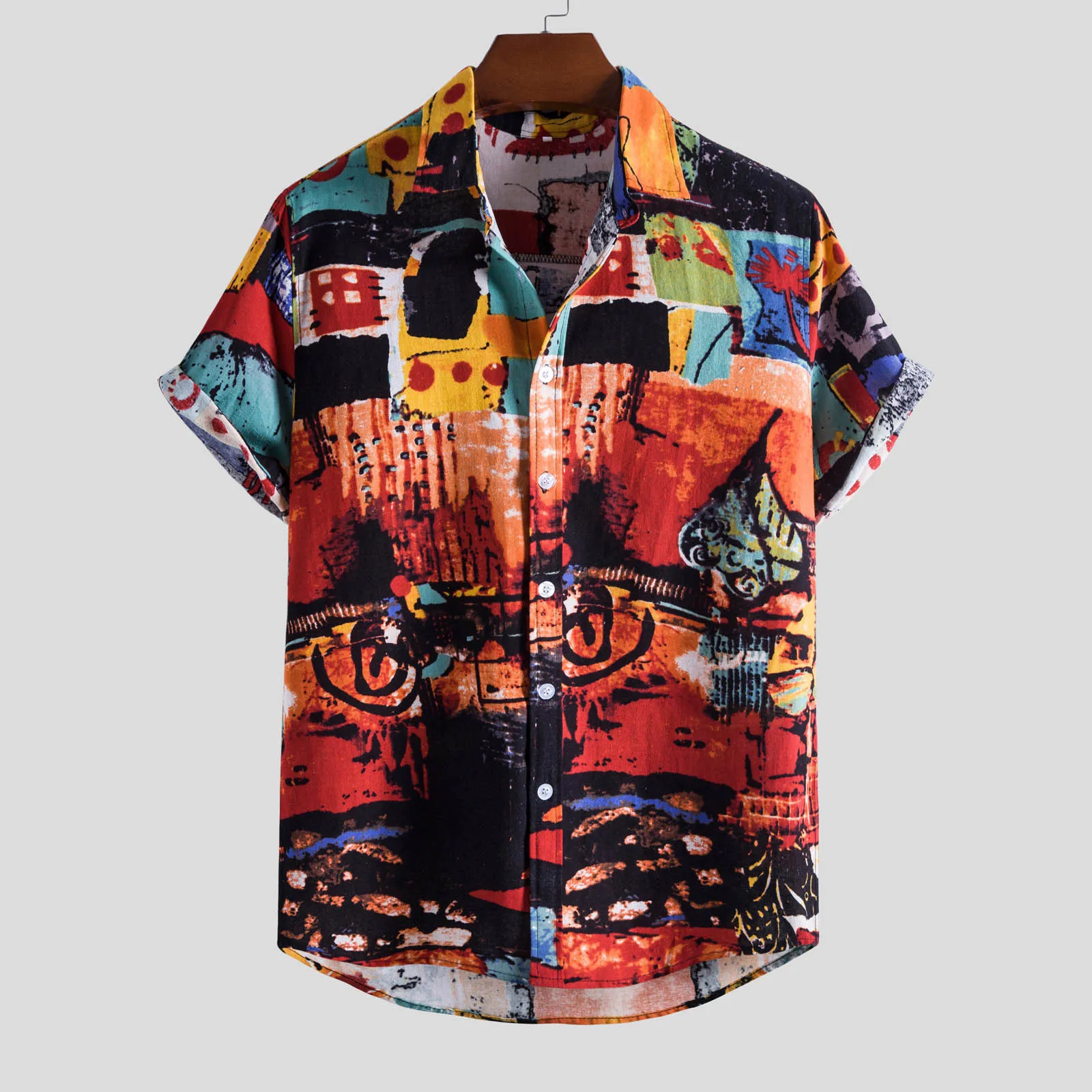 Mens Vintage Ethnic Printed Shirt Turn Down Short Sleeve Button Casual Beach Shirt 2021 Loose Blouse - Polo Shirts - AliExpress