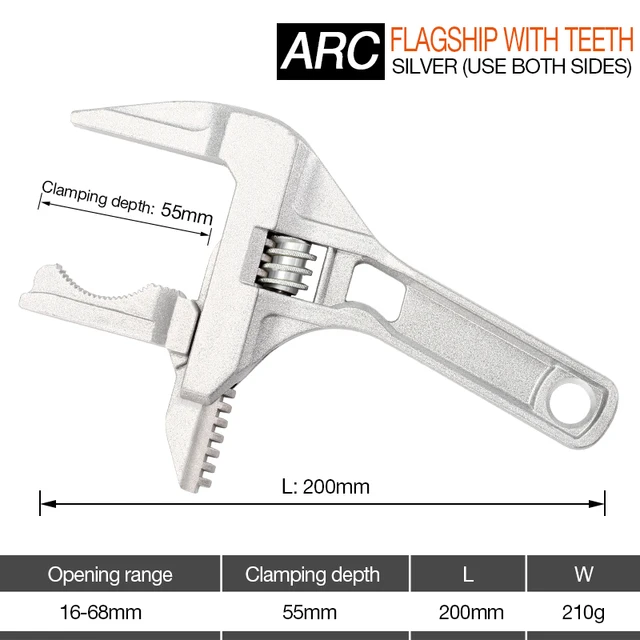 DTBD Multi-function Short Handle Universal Wrench Large Opening Bathroom Pipe Wrench  Adjustable Aluminum Alloy Repair Tool Silver Flagship