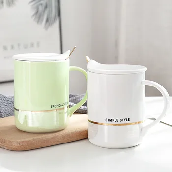 

Korean Cute Solid Color Gold Drawing Ceramic Cup with Lid Spoon Creative Juice Milk Cup Home Office Coffee Mugs for Women Lovers