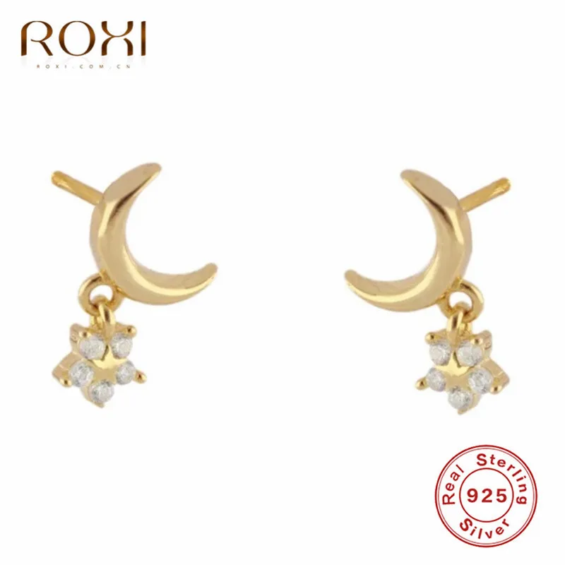 HRTY-3 ROXI, новинка, серьги в виде новой луны и звезд, 925 пробы, кристалл, циркон, маленькие серьги-гвоздики для женщин, серьги в Корейском стиле - Окраска металла: HRTY-3