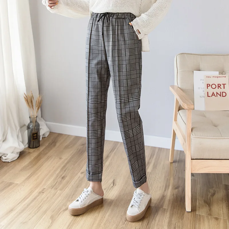 

Vintage Plaid High Waist Trousers Female Autumn Cotton Ankle Length Loose Pencil Women's Pants Harajuku Harem Pantalon Femme