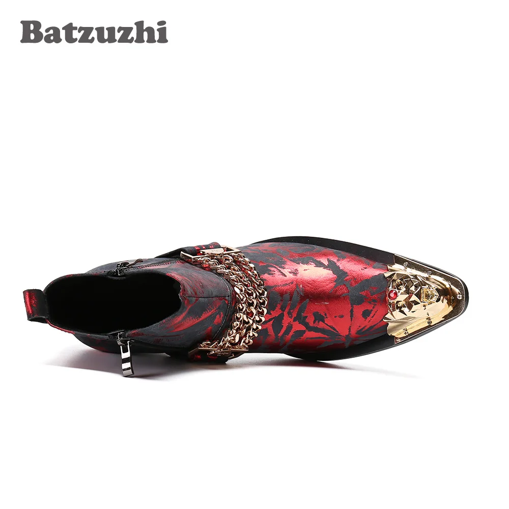 Batzuzhi Formal Leather Ankle Boots Men Punk Men's Boots Golden Pointed Metal Tip Wine Red Party and Wedding Motorcycle Boot Men