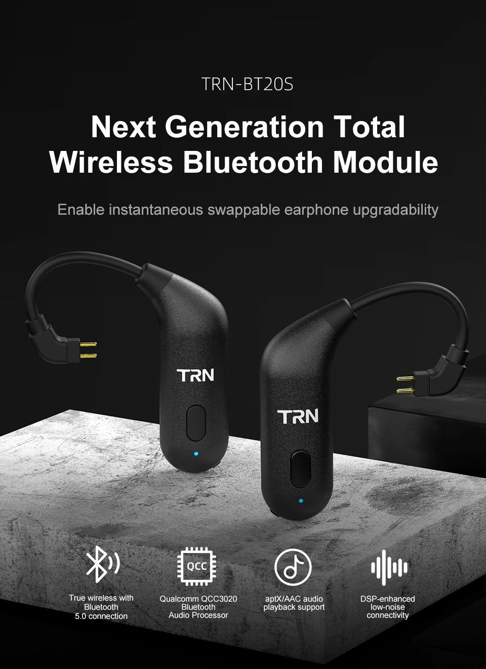 TRN BT20S беспроводной HDMI Bluetooth 5,0 HIFI наушники 2PIN/разъем MMCX ушной крючок для TRN X6/IM1/IM2/V80/v30 Revonext QT5/QT2