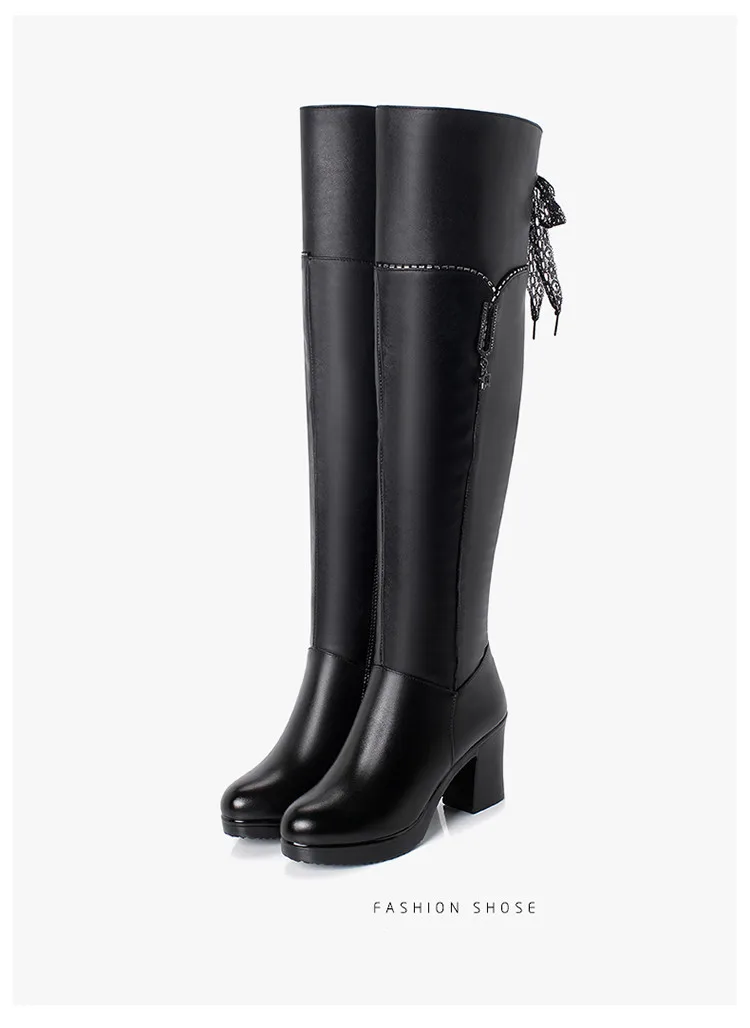 AIYUQI Womens Boots Thigh High Genuine Leather Rhinestone Platform High Heel Black Boots Women Winter Riding Boots