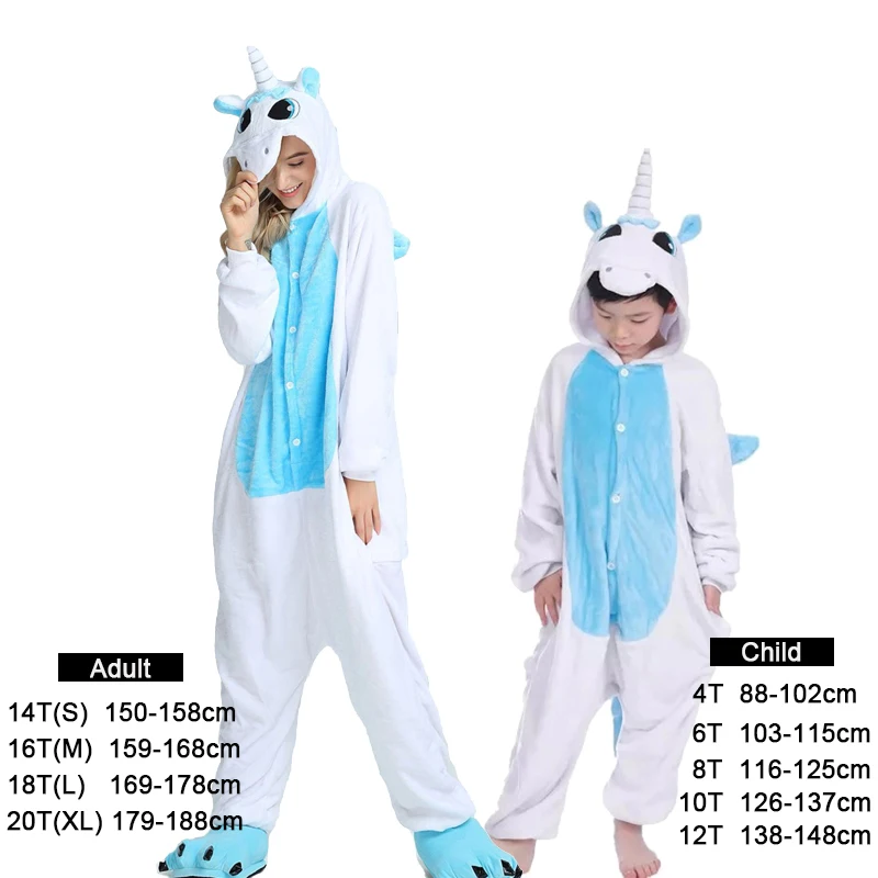 Зимние пижамы кигуруми с единорогом для женщин, пижамы для маленьких девочек, пижамы для мальчиков, пижамы с животными, пандой, единорогом, комбинезон для детей - Цвет: Blue Unicorn