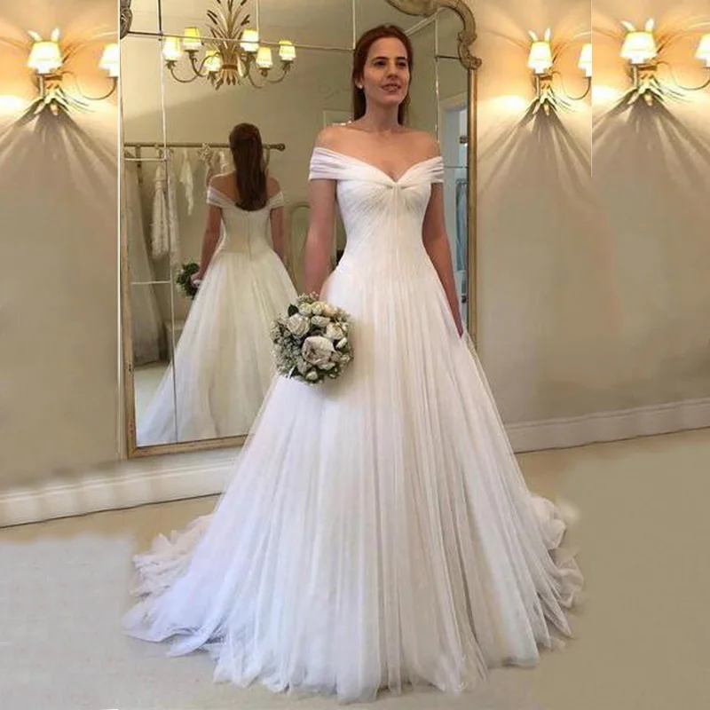 Modern Simple White A Line Off Shoulder Sleeve Bridal Wedding Dresses Strapless Pleating Gowns for Bride Court Train | Свадьбы и