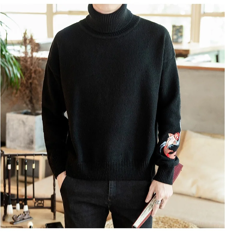 Zongke Carp Embroidery Turtleneck Men Sweater Turtle Neck Men Pullover Sweater Men Coat XXXL Autumn Winter Man Sweaters