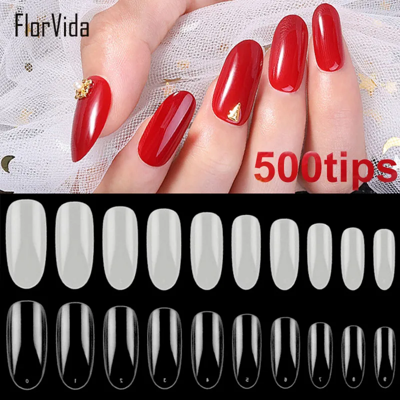 

FlorVida 500tips/bag Long Oval Shape False Nail Tips 10 Size Full Nail Tips Clear White Girls Long Fake Nails