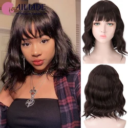 AILIADE Short Bob Body Wave Wig With Bangs Synthetic Wigs For Women Natural Brown Green Pink Lolita Party Cosplay Hair парик