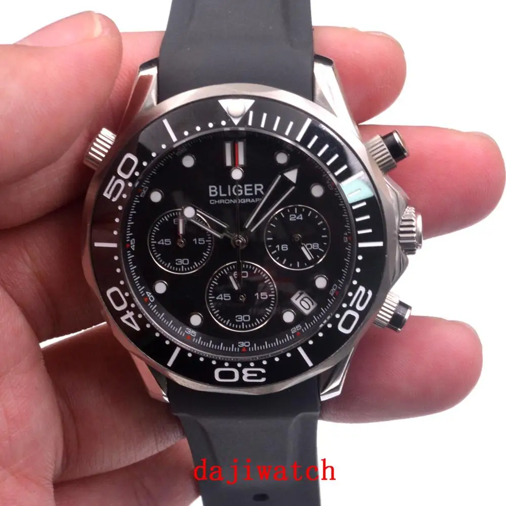 Bliger41mm Роскошный GMT черный циферблат Мужские кварцевые часы сапфировое стекло