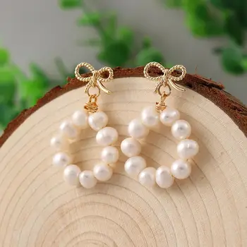

Coeufuedy Cute Bow Natural Fresh Water Pearl Earrings For Women girl Round Earrings Party Gift Handmade Fine Jewelry