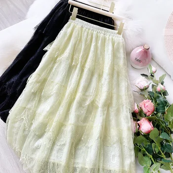 

Fashion Japanese Lace Tulle Skirt Women Long Cake Skirt 2020 Korean Cute High Waist Pleated Skirts Female School Sun spodnica