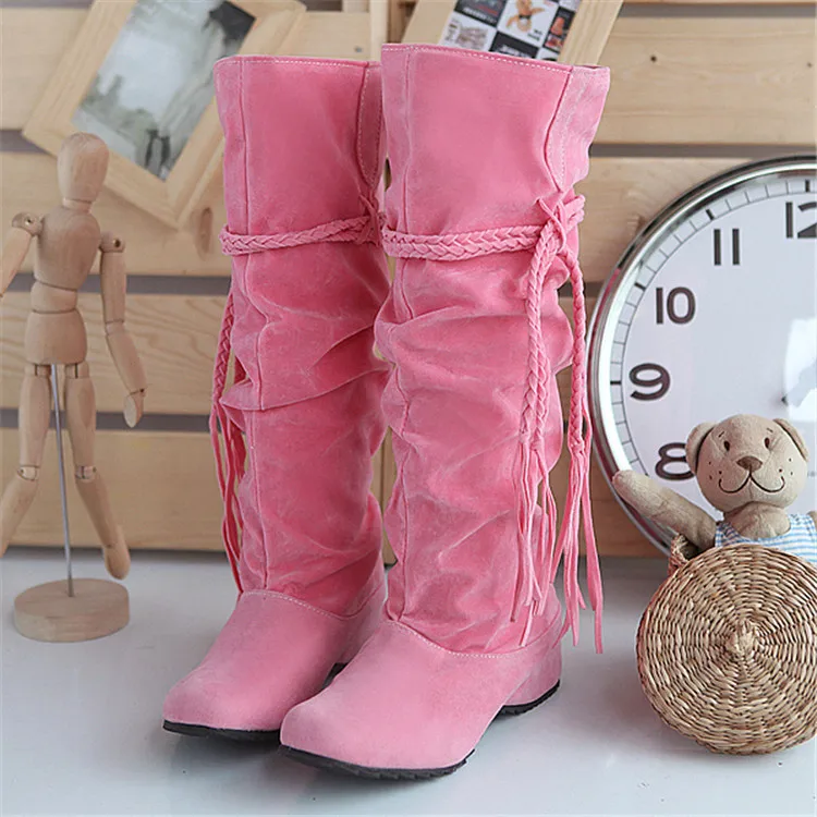 Женские ботинки Новая модная женская обувь розового цвета зимние ботинки размера плюс высокие сапоги с бахромой женские ботинки замшевая женская обувь - Цвет: Розовый