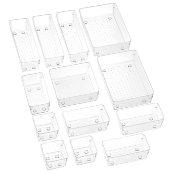 

13 Pcs Drawer Organizer with Non-Slip Silicone Pads, 5-Size Clear Desk Drawer Organizer Trays Storage Tray in Office