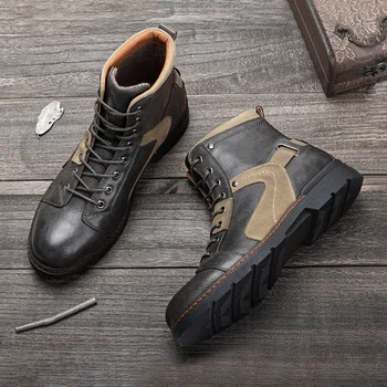 

New Autumn Winter Leather Men Boots Comfortable Lace Up Motorcycle Boots Waterproof Rubber Men Ankle Boots Men's Shoes