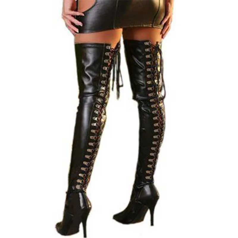 Womens Stockings Gothic Lingerie Sexy Wet Look Lace Up Thigh High