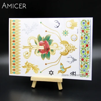 

Body Art Temporary Tattoos Gold Flash Metallic Tattoo Arm Sleeves Sticker Henna Women Jewelry Waterproof For Rose snake