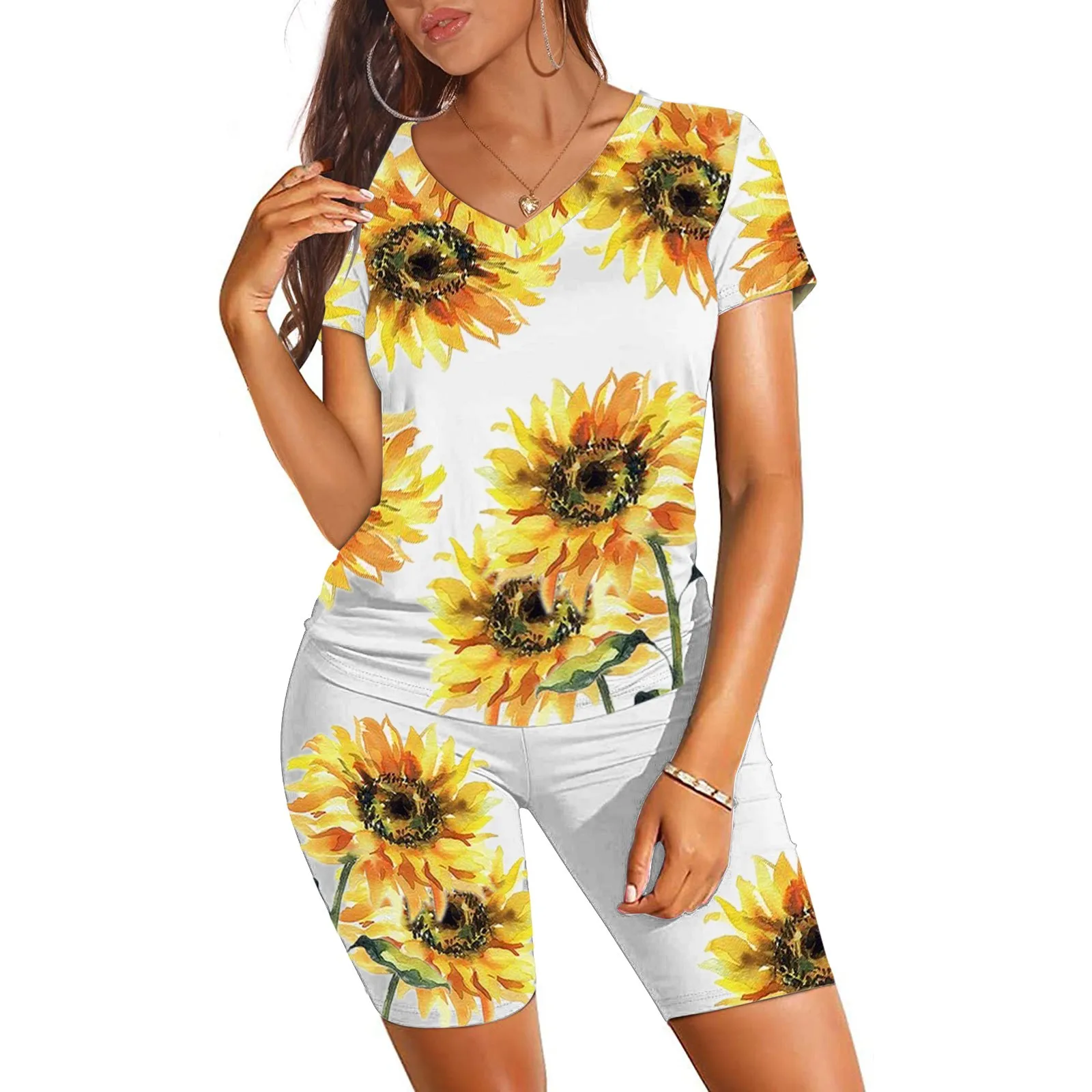 Women Short Sleeve Sports Suit Casual Sunflower Print Tops + High Waist Shorts Suit Gym Workout Running Sportswear Tracksuit 1