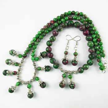 

Free Shipping Beautiful 6-10mm Rubys in Fuchsite Round Beads Necklace Set