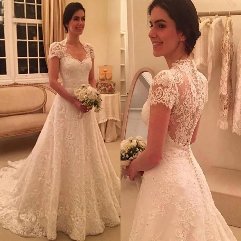 

Delicate Scoop Short Sleeves Long Lace Wedding Dress 2020 modern cap sleeve applique illusion back sweep train garden bride gown
