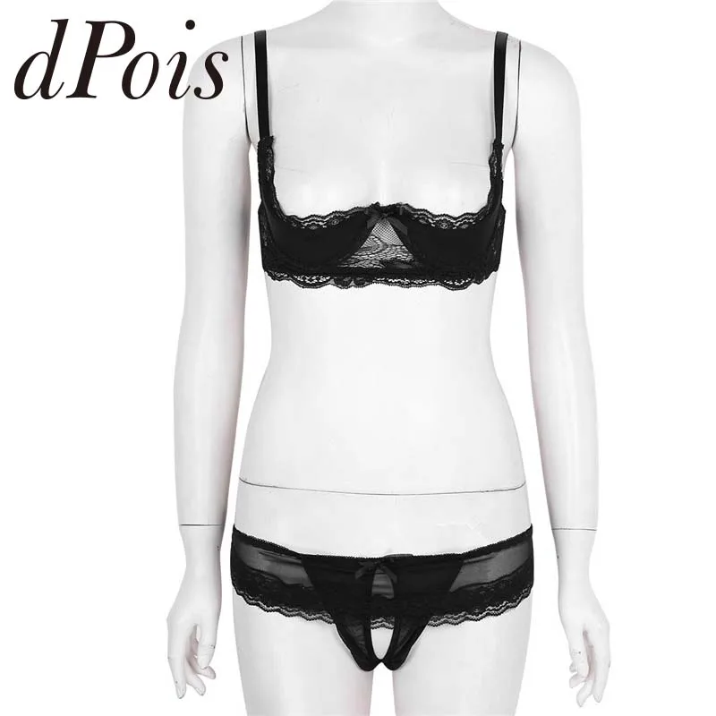 

Women Lace Sexy Lingerie Set Adjustable Spaghetti Straps 1/4 Cup Unlined Shelf Bra Top With Low Rise Crotchless Briefs Nightwear