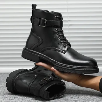 

British style men's casual cowboy boots natural leather tooling shoes lace-up platform high boot zapatos de hombre botas botines