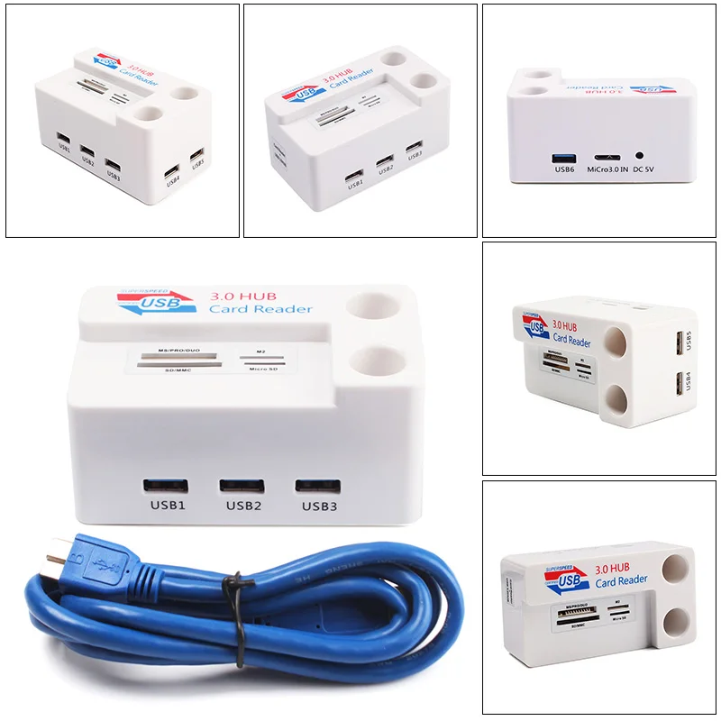 Superspeed HD USB 3,0 6 портов концентратор+ кардридер+ ручка контейнер белый глянцевый многофункциональный поддержка MS/PRO/DUO/SD/MMC/Micro/SD