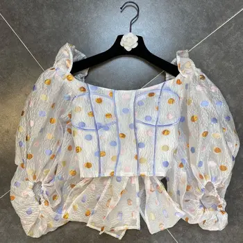 

Crop Top Women 2020 Summer Slash Collar Puff Sleeve Color Wave Dot Backless Bow Shirt Ladies Tops Blouses Blusas Nancylim