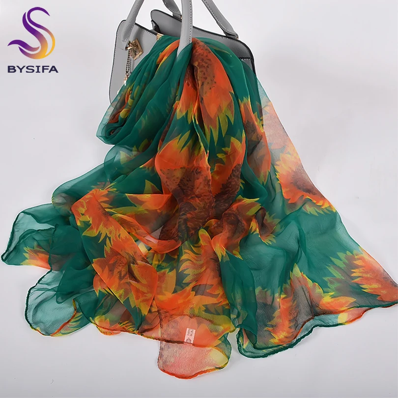 [BYSIFA] оранжевый зеленый шелковый шарф, зимние модные аксессуары, осенний бренд, Подсолнух, женские длинные шарфы, женский тонкий Шелковый шарф