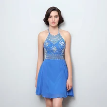 A-Line Холтер шеи Короткие спинки шифон Короткие вечерние платья для выпускного вечера с кристаллами